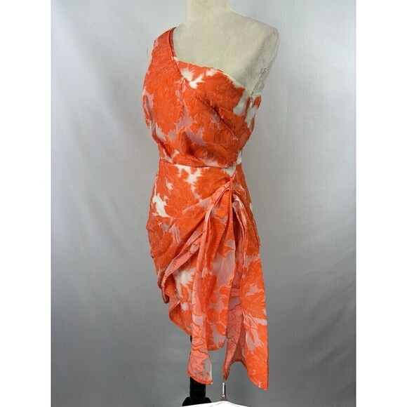 Showpo Hailey Brailey One Shoulder Mini Dress Orange White Sheer Floral 4 - Picture 4 of 16